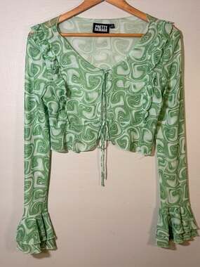 Pretty Damage Green Swirl Mesh Tie Front Crop Top Size S Y2K Ruffle Bell Sleeve